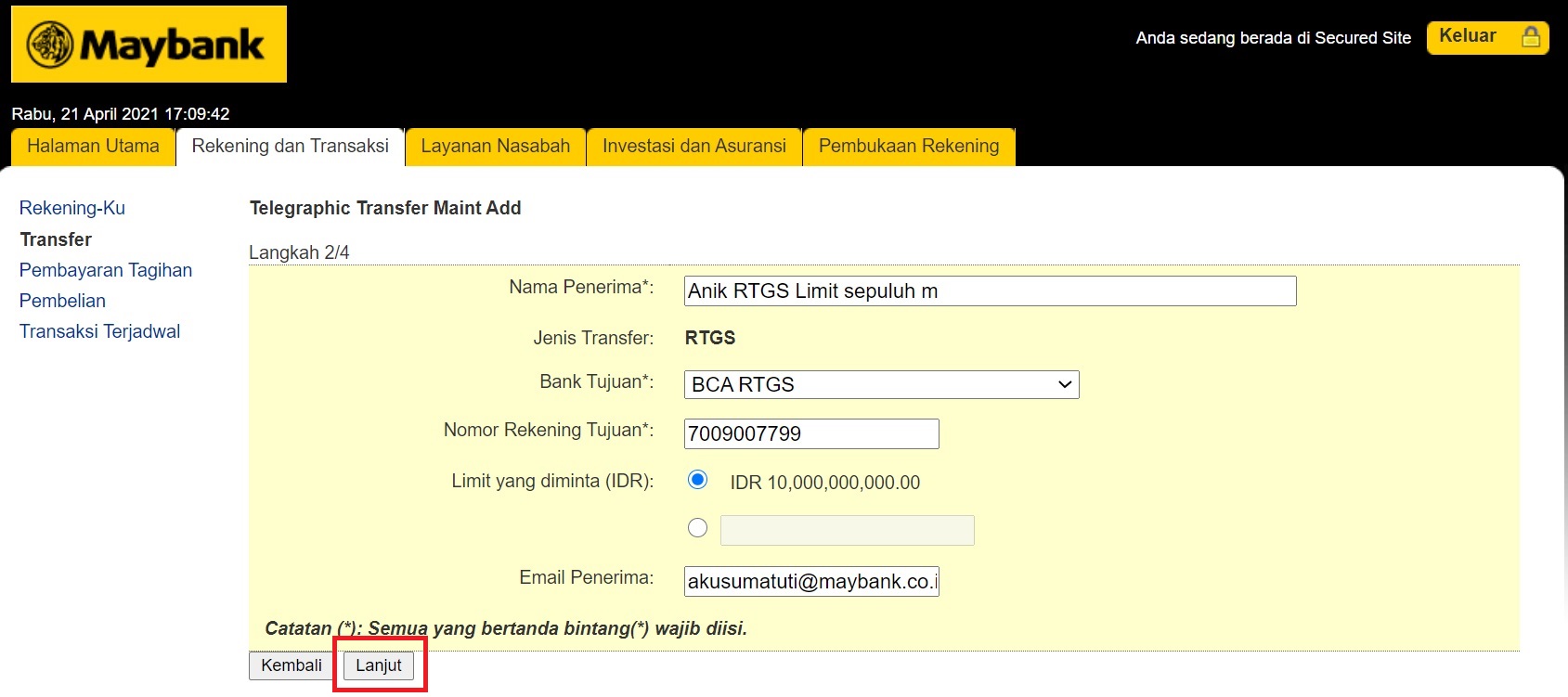 Limit Transfer 10 M